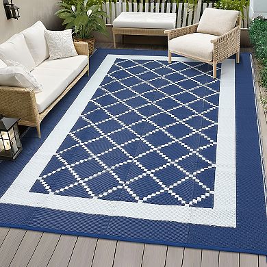 Waterproof Reversible Outdoor Patio Rug Modern Geometric Plastic Mat, UV Resistant