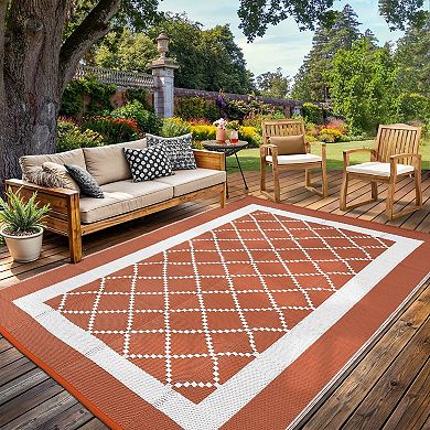 Waterproof Reversible Outdoor Patio Rug Modern Geometric Plastic Mat, UV Resistant