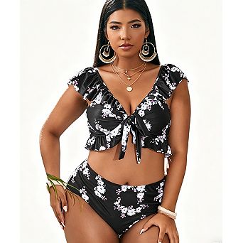 Women's 2 pc Ruffle Off-Shoulder Swimsuit Set Printed Bikini