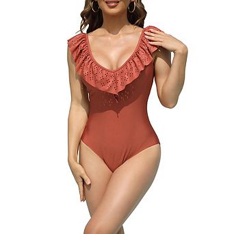Women's Ruffled One-Piece Swimsuit, Eyelet V-Neck, Open Back, Slimming Bathing Suit for Beach & Pool