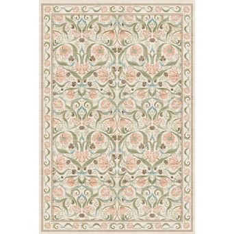 Washable Floral Pattern Area Rug, Soft Pearl Velvet Carpet, Non-Slip Low-Pile Stain Resistant Rug