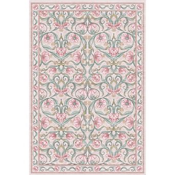 Washable Floral Pattern Area Rug, Soft Pearl Velvet Carpet, Non-Slip Low-Pile Stain Resistant Rug