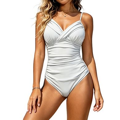 Womens Tummy Control 1 Piece Swimsuit Wrap V Neck Adjustable Straps Beach Bikini
