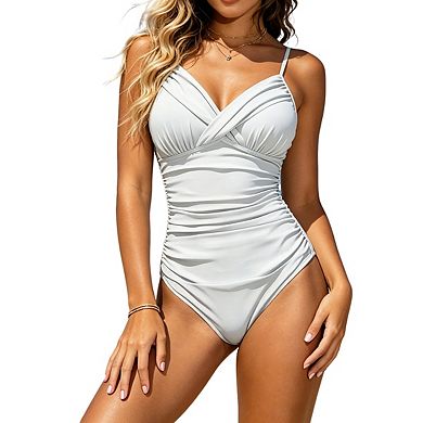 Womens Tummy Control 1 Piece Swimsuit Wrap V Neck Adjustable Straps Beach Bikini