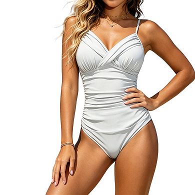 Womens Tummy Control 1 Piece Swimsuit Wrap V Neck Adjustable Straps Beach Bikini