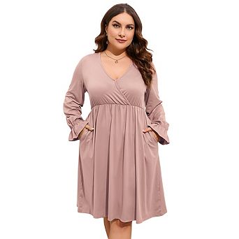 Plus Size Long Sleeve Wrap V Neck Dress Elastic Waist Ruffle Midi Dress A Line Dress With Pocket