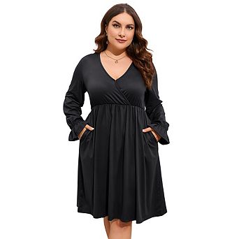 Plus Size Long Sleeve Wrap V Neck Dress Elastic Waist Ruffle Midi Dress A Line Dress With Pocket