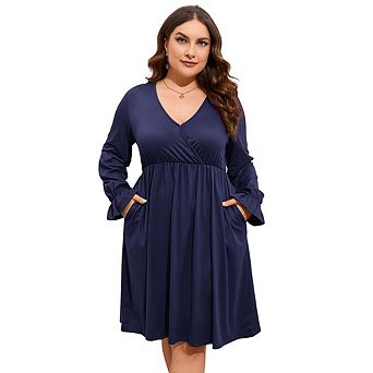 Plus Size Long Sleeve Wrap V Neck Dress Elastic Waist Ruffle Midi Dress A Line Dress With Pocket