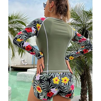 Women's Long Sleeve Two Piece Swimsuit Rash Guard Set UV Protection Swimwear