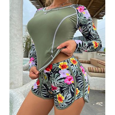 Women's Long Sleeve Two Piece Swimsuit Rash Guard Set UV Protection Swimwear