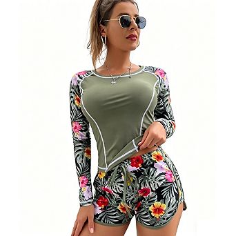 Women's Long Sleeve Two Piece Swimsuit Rash Guard Set UV Protection Swimwear