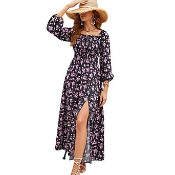 Womens Boho Floral Midi Dress Casual Long Sleeve Tied Square Neck Elastic Waist Side Split Dresses