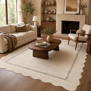 Fashionwu Scalloped Solid Rug for Living Room Washable Non Slip Carpet Indoor Soft Thin Mat