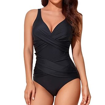 Women's Cross Wrap Tummy Control One Piece Swimsuit V Neck Adjustable Strap Bathing Suit