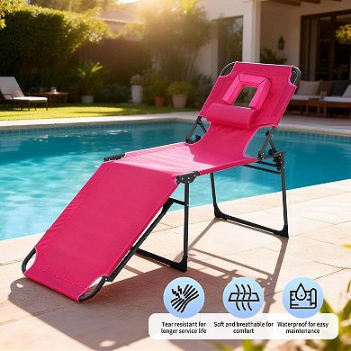 Folding Tanning Chair with Face Hole, 5-Positions, Pillow & Pocket