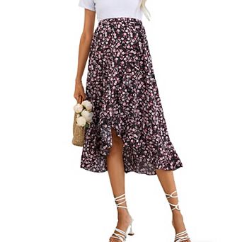 Women's Summer Casual Floral Ruffle Boho Midi Skirt High Waist Irregular Wrap Flowy Swing Skirt