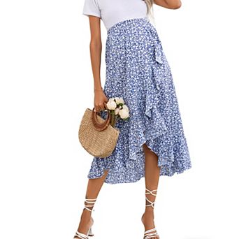 Women's Summer Casual Floral Ruffle Boho Midi Skirt High Waist Irregular Wrap Flowy Swing Skirt