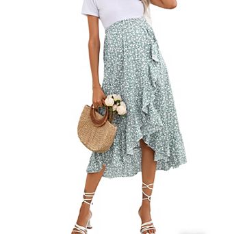 Women's Summer Casual Floral Ruffle Boho Midi Skirt High Waist Irregular Wrap Flowy Swing Skirt