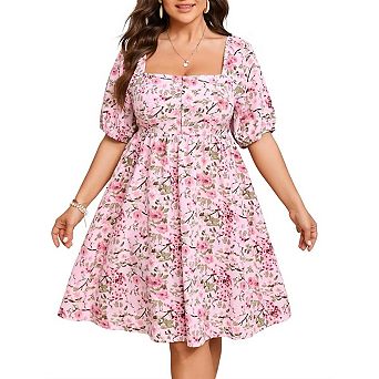 Womens Summer Plus Size Mini Dress Floral Square Neck Puff Sleeve High Waist A-Line Short Dress