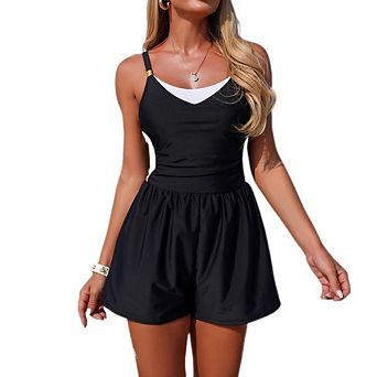 Women's Color Block One-Piece Romper Swimsuit V-Neck Swim Dress Ruched Waist Bathing Suit