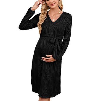 Long Sleeve V Neck Maternity Midi Dress,Wave Textured Tie Waist Casual Dress for Daily Baby Shower