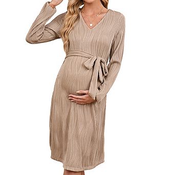 Long Sleeve V Neck Maternity Midi Dress,Wave Textured Tie Waist Casual Dress for Daily Baby Shower