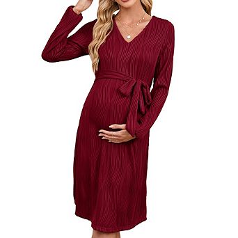 Long Sleeve V Neck Maternity Midi Dress,Wave Textured Tie Waist Casual Dress for Daily Baby Shower