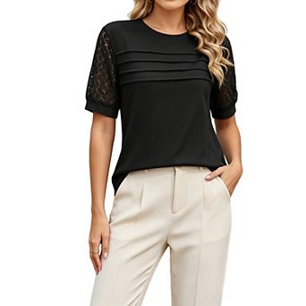 Women's Lace Sleeve Top Short Sleeve Crew Neck Casual Blouse Loose Fit Tunic Shirt
