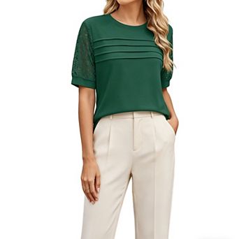 Women's Lace Sleeve Top Short Sleeve Crew Neck Casual Blouse Loose Fit Tunic Shirt