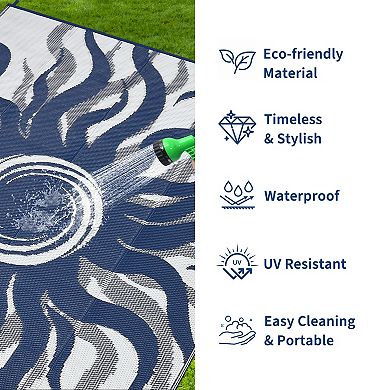 Reversible Waterproof Outdoor Rug Boho Sun Print, UV Resistant Carpet for RV Camping Deck Patio