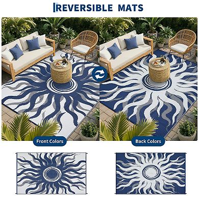 Reversible Waterproof Outdoor Rug Boho Sun Print, UV Resistant Carpet for RV Camping Deck Patio