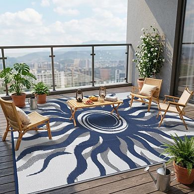 Reversible Waterproof Outdoor Rug Boho Sun Print, UV Resistant Carpet for RV Camping Deck Patio