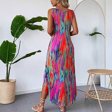 Womens Summer Sleeveless Midi Dress Printed Loose Split Tank Dresses with Pockets Beach Vacation