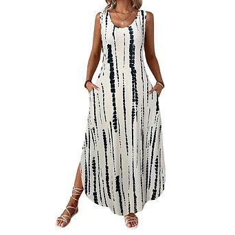 Womens Summer Sleeveless Midi Dress Printed Loose Split Tank Dresses with Pockets Beach Vacation