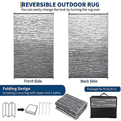 Reversible Waterproof Outdoor Rug, UV Resistant PE Mat with Carry Bag & Stakes for RV Camping Deck