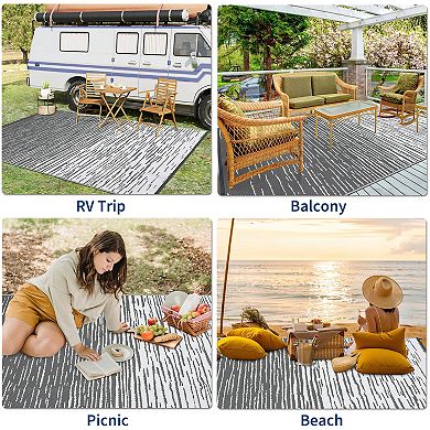 Reversible Waterproof Outdoor Rug, UV Resistant PE Mat with Carry Bag & Stakes for RV Camping Deck