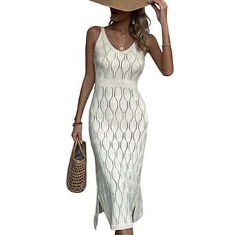 Women's Solid Knit Crochet Maxi Dress V-Neck Sleeveless Beach Vacation Cover-Up Swimwear Cover Up