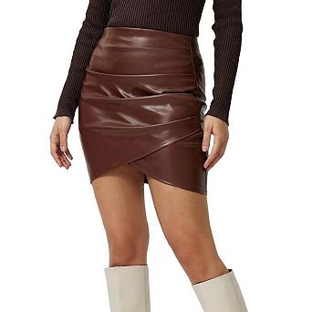 Seoria High Waist Ruched Faux Leather Wrap Mini Skirt For Women