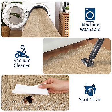 Easy Jute Rug Modern Bordered Indoor Outdoor Non-Slip No Shed Carpet for Patio Backyard