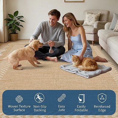 Easy Jute Rug Modern Bordered Indoor Outdoor Non-Slip No Shed Carpet for Patio Backyard
