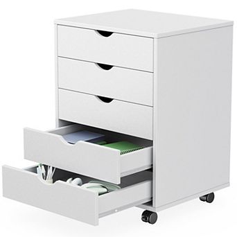 5 Drawer Mobile Storage Chest Wooden Dresser with Wheels Office Home Organization Furniture