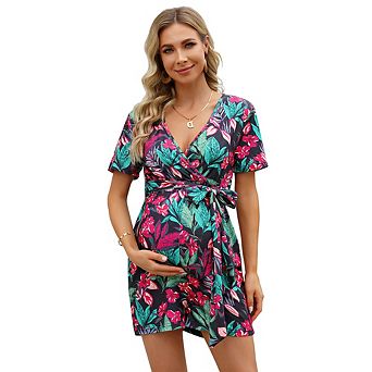 Maternity Floral Romper, V Neck Short Sleeve Wrap Tie Waist Summer Pregnancy Jumpsuit Casual Outfit