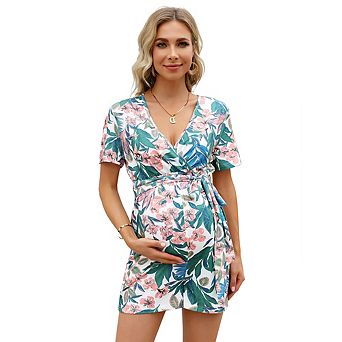 Maternity Floral Romper, V Neck Short Sleeve Wrap Tie Waist Summer Pregnancy Jumpsuit Casual Outfit