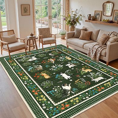 Cute Animal Machine Washable Rug, Non-Slip Low-Pile Carpet with Rubber Backing