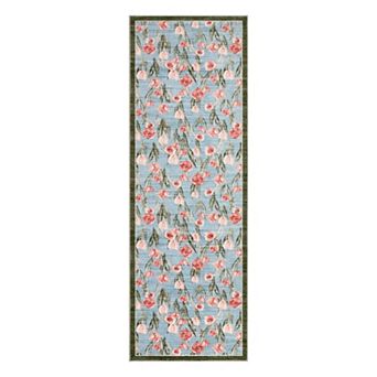 Washable Floral Area Rug, Large Vintage Accent Carpet, Non-Slip Low-Pile Indoor Bedroom Rug