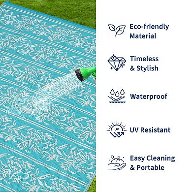 Reversible Waterproof Outdoor Rug, UV Resistant Boho Leaf Patio Mat for Balcony RV Camping Deck