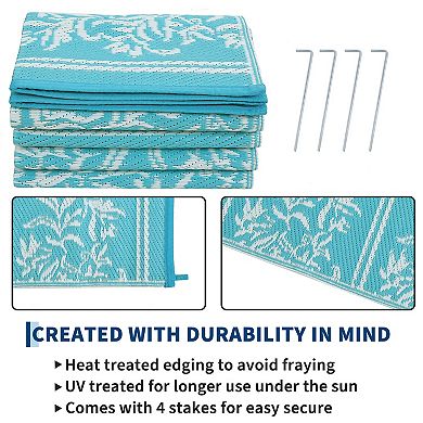 Reversible Waterproof Outdoor Rug, UV Resistant Boho Leaf Patio Mat for Balcony RV Camping Deck
