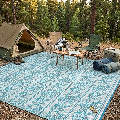 Reversible Waterproof Outdoor Rug, UV Resistant Boho Leaf Patio Mat for Balcony RV Camping Deck