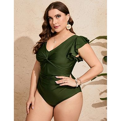 Plus Size One Piece Swimsuit Ruffle Sleeve V Neck Twist Front Tummy Ruched Modest Swimwear