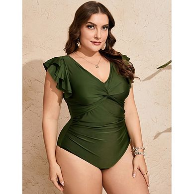 Plus Size One Piece Swimsuit Ruffle Sleeve V Neck Twist Front Tummy Ruched Modest Swimwear
